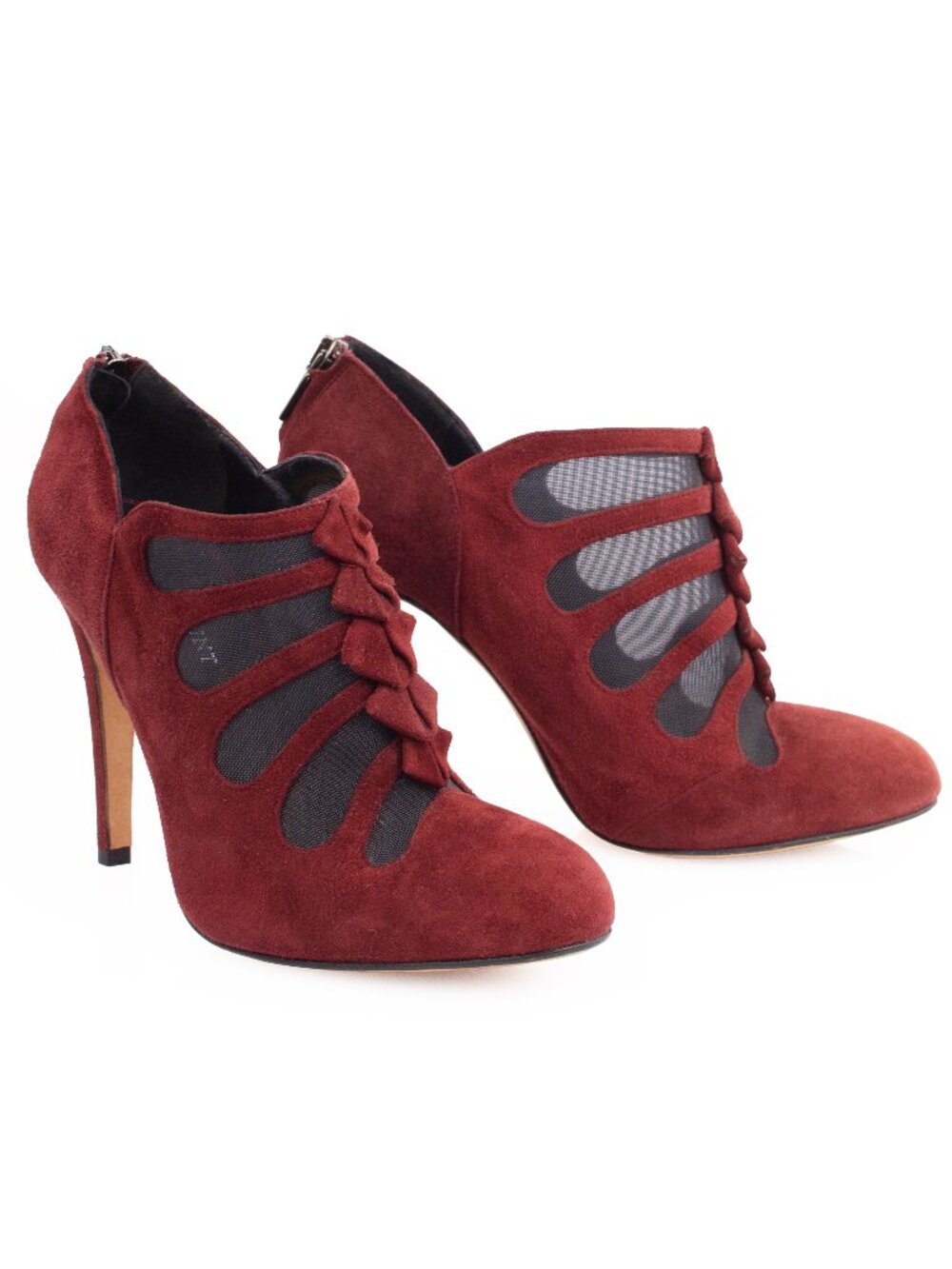 Sarah Flint Burgundy Suede Mesh Cutout Bow Stiletto Ankle Booties 38.5 US 7